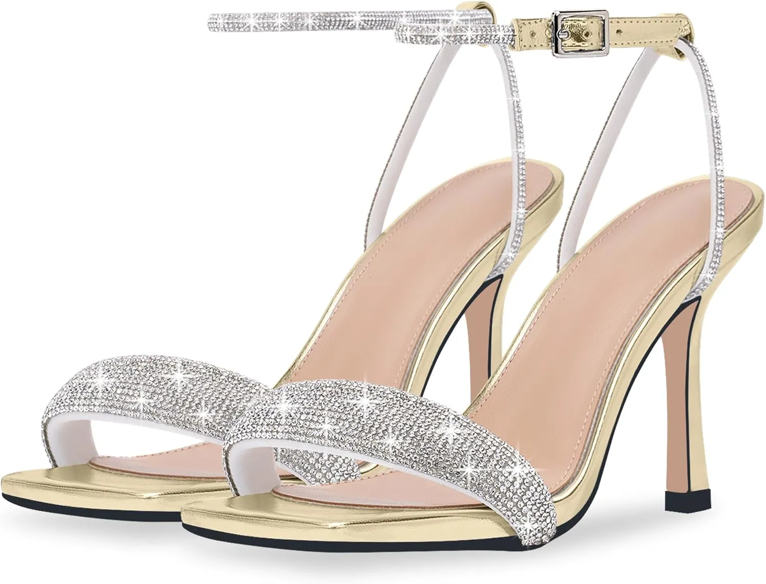 Women's Rhinestone Stiletto High Heel Square Open Toe Strappy Heels Sandals Ankle Strap Sexy Party Wedding Shoes