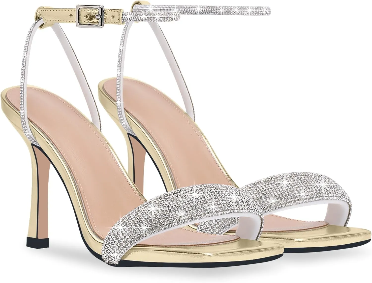 Women's Rhinestone Stiletto High Heel Square Open Toe Strappy Heels Sandals Ankle Strap Sexy Party Wedding Shoes