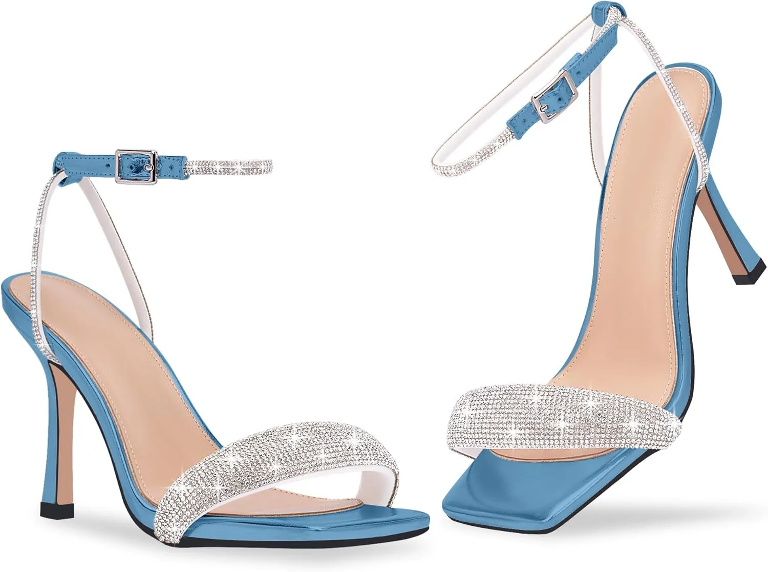 Women's Rhinestone Stiletto High Heel Square Open Toe Strappy Heels Sandals Ankle Strap Sexy Party Wedding Shoes