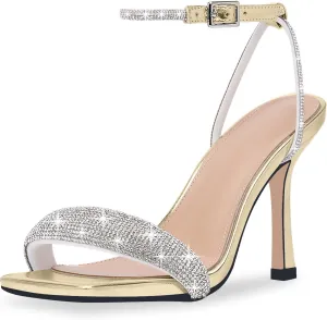 Women's Rhinestone Stiletto High Heel Square Open Toe Strappy Heels Sandals Ankle Strap Sexy Party Wedding Shoes