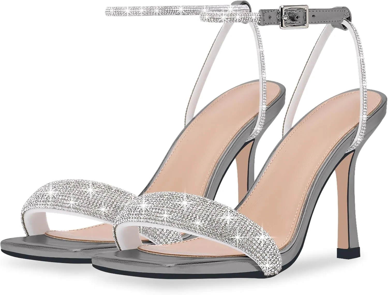 Women's Rhinestone Stiletto High Heel Square Open Toe Strappy Heels Sandals Ankle Strap Sexy Party Wedding Shoes