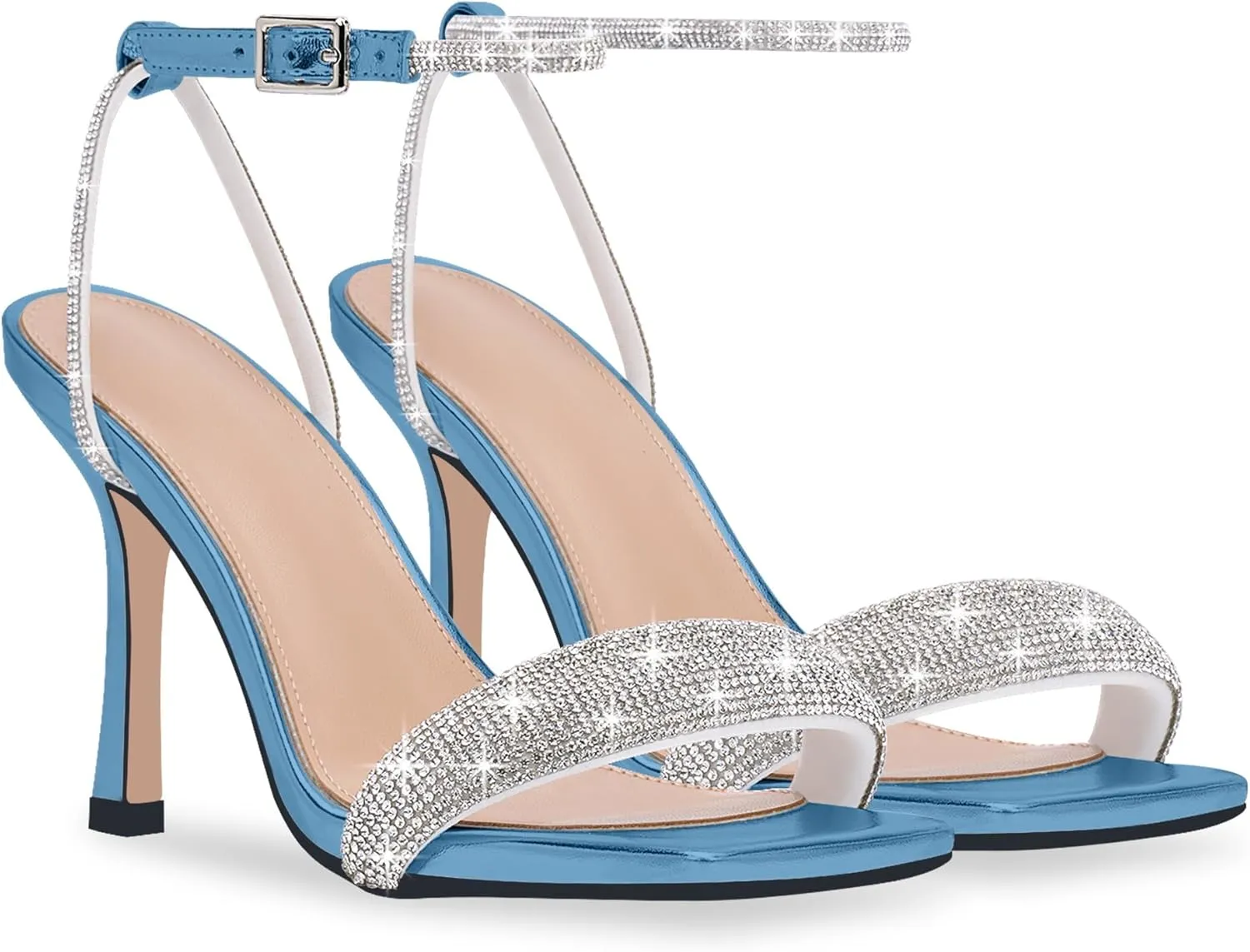 Women's Rhinestone Stiletto High Heel Square Open Toe Strappy Heels Sandals Ankle Strap Sexy Party Wedding Shoes