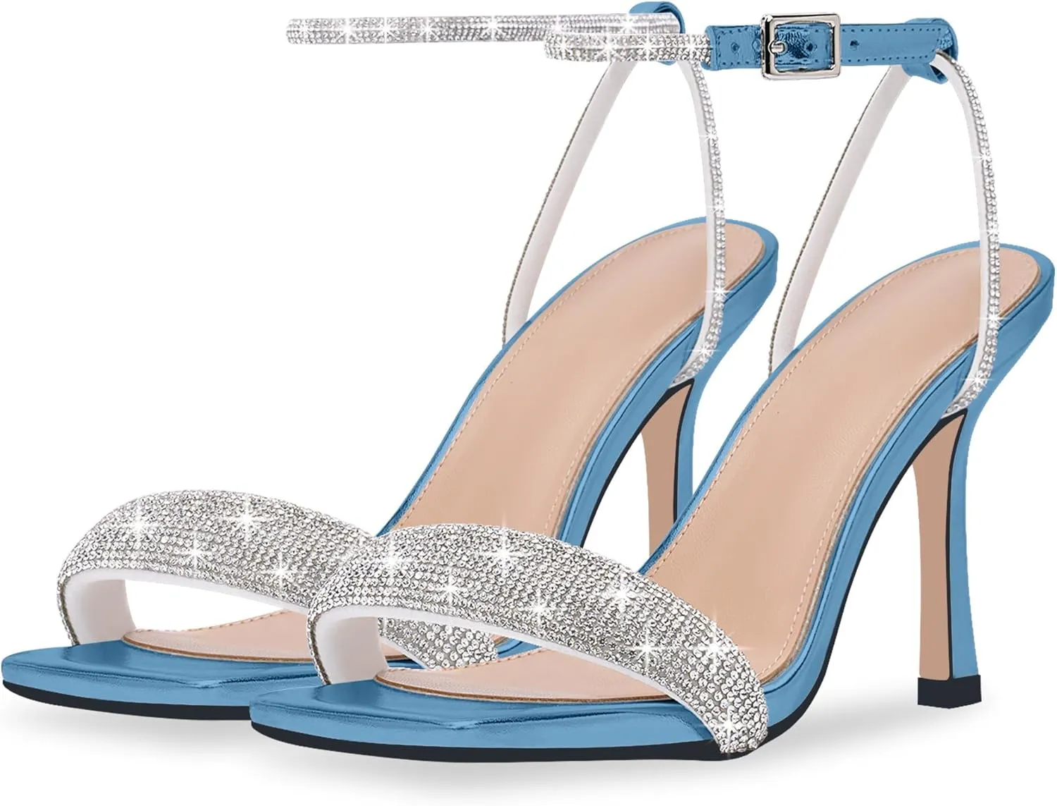 Women's Rhinestone Stiletto High Heel Square Open Toe Strappy Heels Sandals Ankle Strap Sexy Party Wedding Shoes