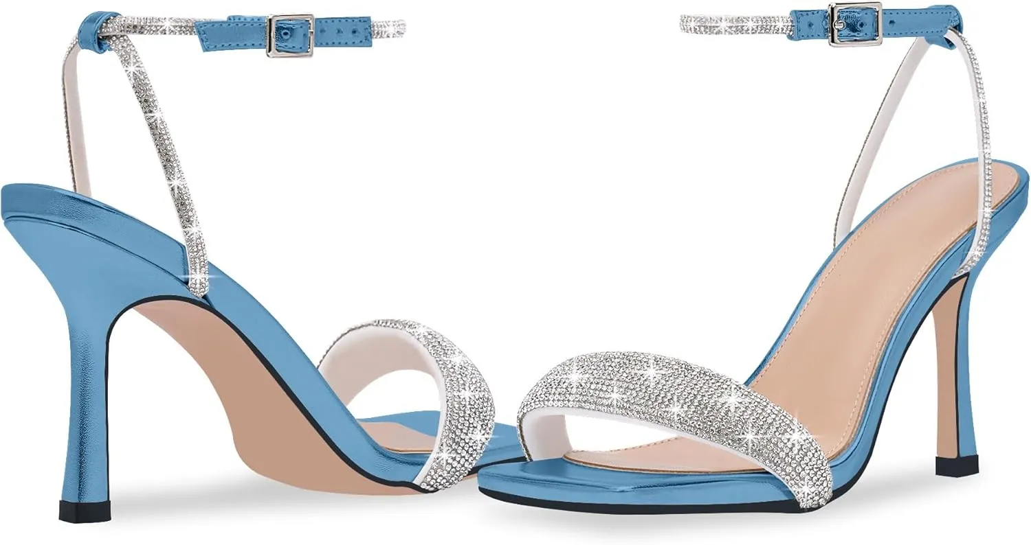 Women's Rhinestone Stiletto High Heel Square Open Toe Strappy Heels Sandals Ankle Strap Sexy Party Wedding Shoes