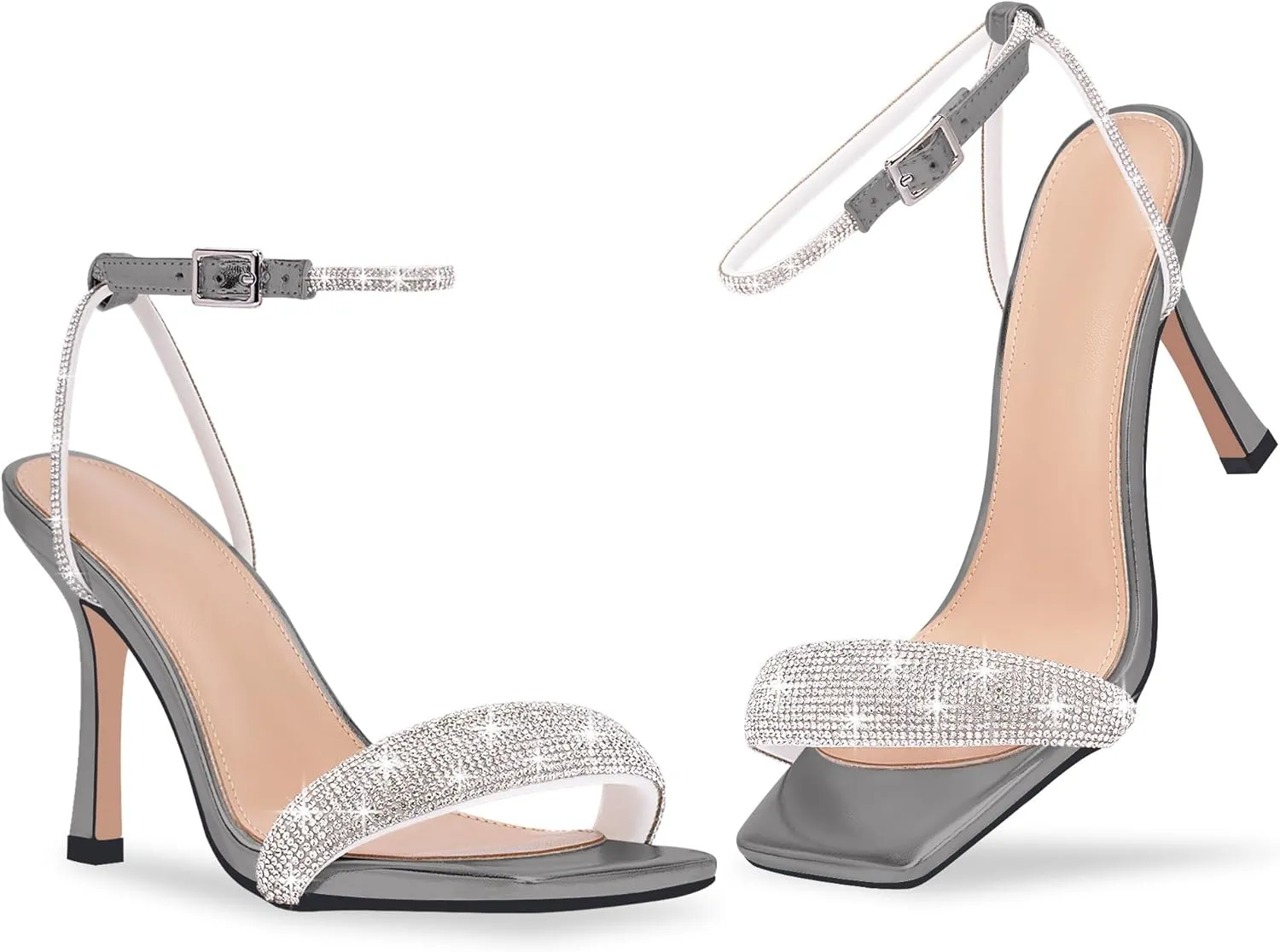 Women's Rhinestone Stiletto High Heel Square Open Toe Strappy Heels Sandals Ankle Strap Sexy Party Wedding Shoes