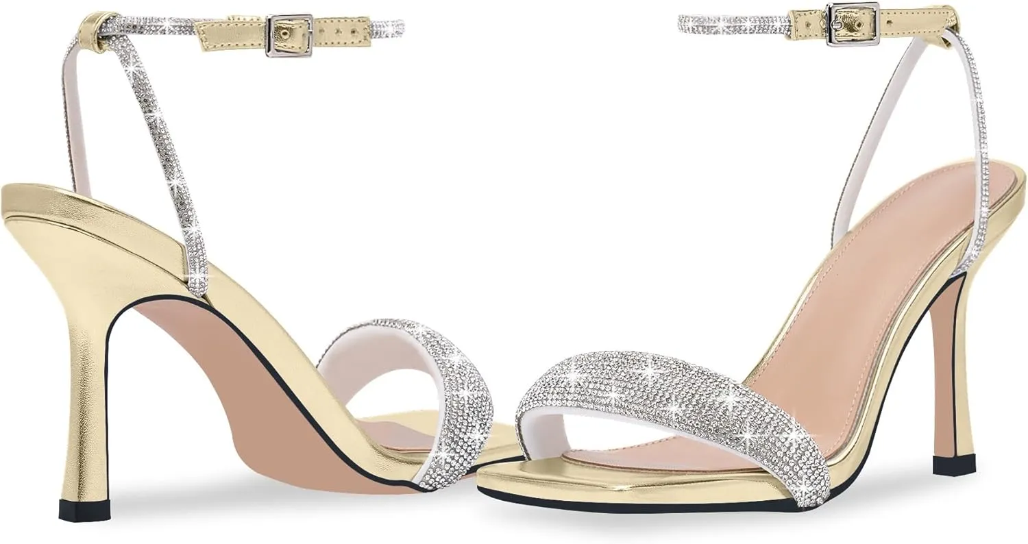 Women's Rhinestone Stiletto High Heel Square Open Toe Strappy Heels Sandals Ankle Strap Sexy Party Wedding Shoes