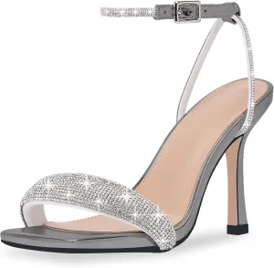 Women's Rhinestone Stiletto High Heel Square Open Toe Strappy Heels Sandals Ankle Strap Sexy Party Wedding Shoes