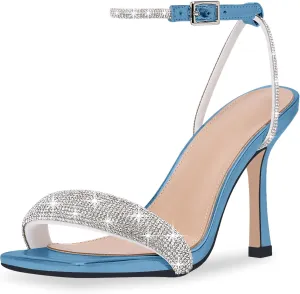 Women's Rhinestone Stiletto High Heel Square Open Toe Strappy Heels Sandals Ankle Strap Sexy Party Wedding Shoes