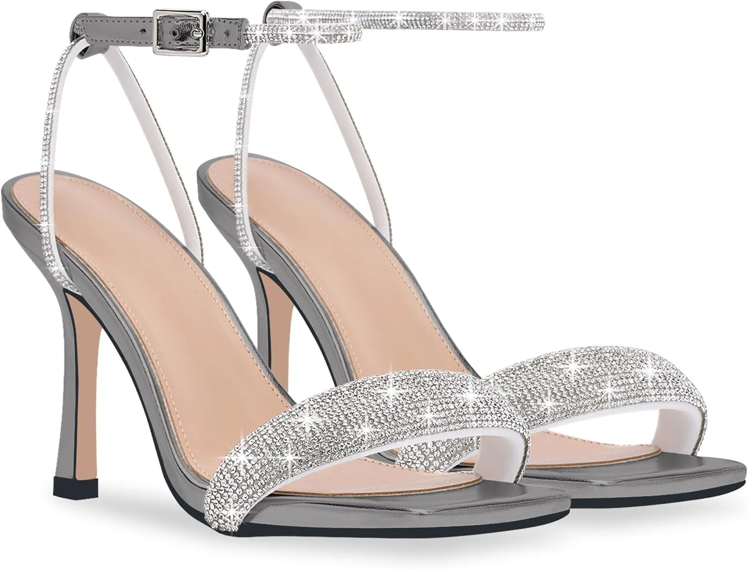 Women's Rhinestone Stiletto High Heel Square Open Toe Strappy Heels Sandals Ankle Strap Sexy Party Wedding Shoes
