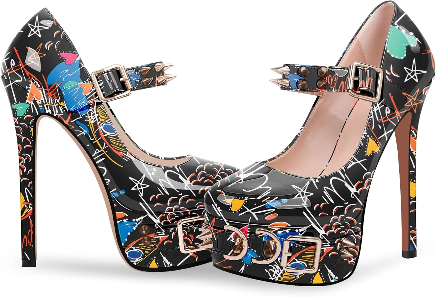 Women's Rivet Goth High Stiletto Heel Plafrom Mary Janes Pumps Rivet Buckle Strap Punk Shoes