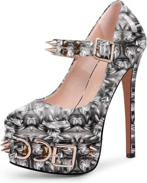Women's Rivet Goth High Stiletto Heel Plafrom Mary Janes Pumps Rivet Buckle Strap Punk Shoes