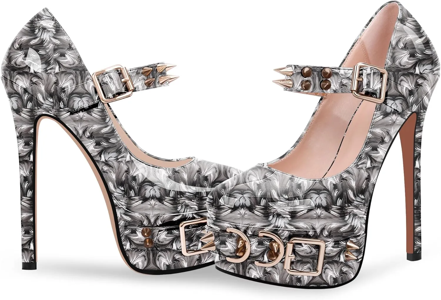 Women's Rivet Goth High Stiletto Heel Plafrom Mary Janes Pumps Rivet Buckle Strap Punk Shoes