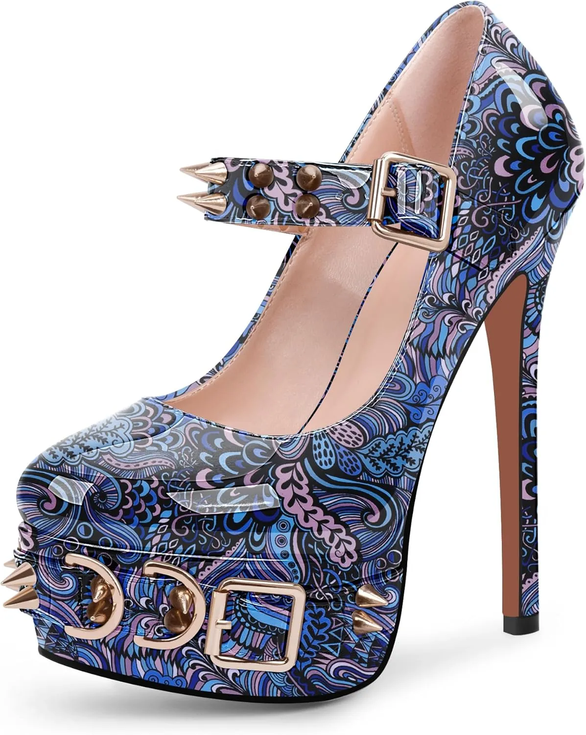 Women's Rivet Goth High Stiletto Heel Plafrom Mary Janes Pumps Rivet Buckle Strap Punk Shoes