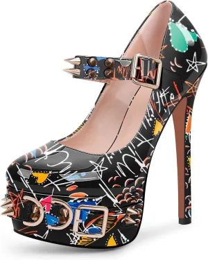 Women's Rivet Goth High Stiletto Heel Plafrom Mary Janes Pumps Rivet Buckle Strap Punk Shoes