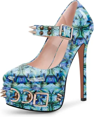 Women's Rivet Goth High Stiletto Heel Plafrom Mary Janes Pumps Rivet Buckle Strap Punk Shoes
