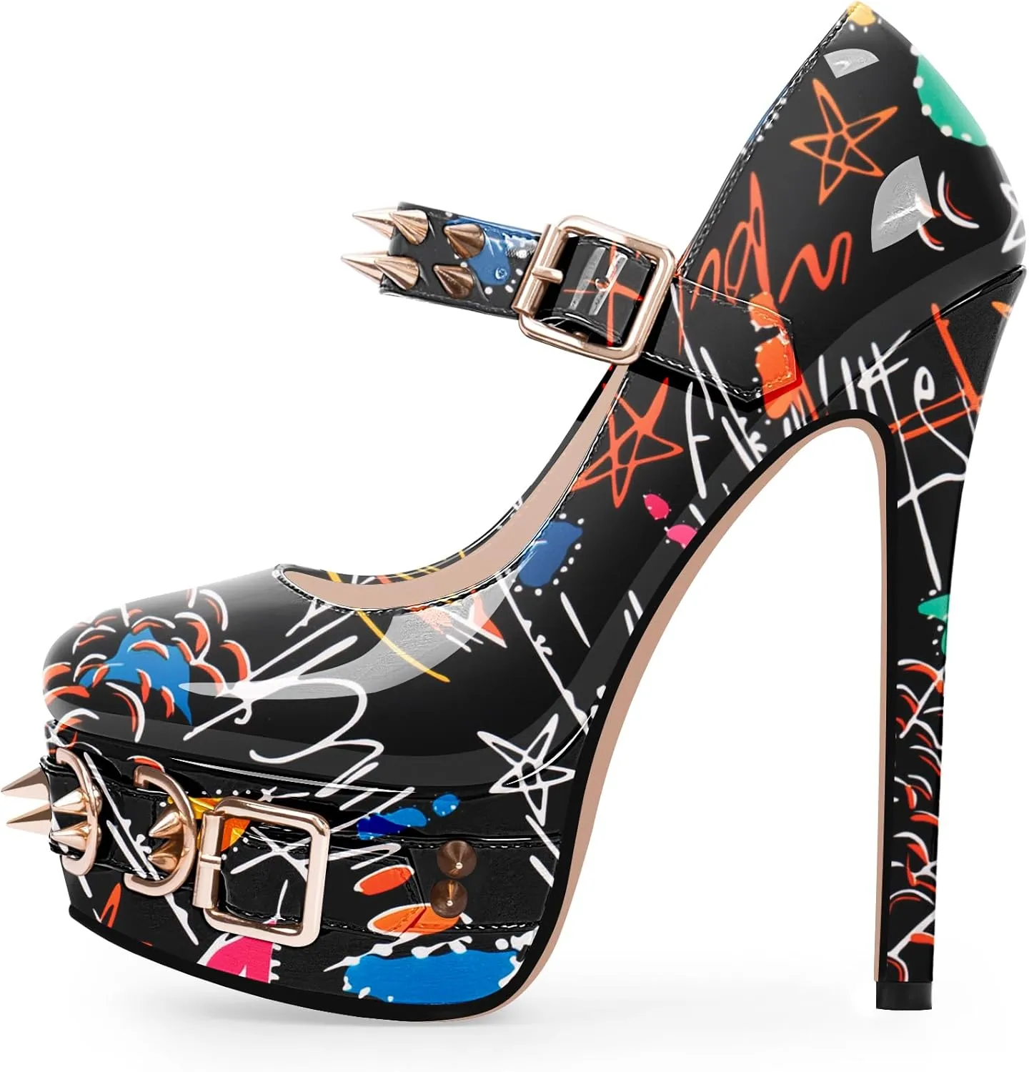 Women's Rivet Goth High Stiletto Heel Plafrom Mary Janes Pumps Rivet Buckle Strap Punk Shoes