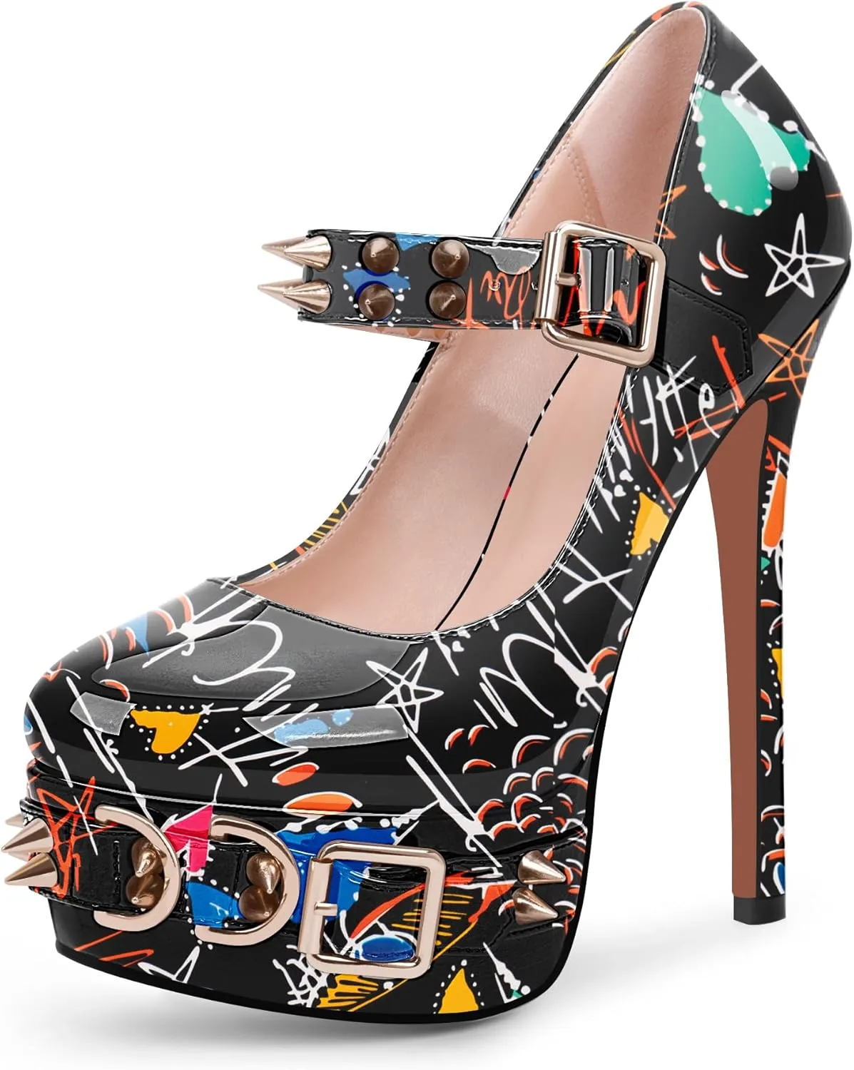 Women's Rivet Goth High Stiletto Heel Plafrom Mary Janes Pumps Rivet Buckle Strap Punk Shoes
