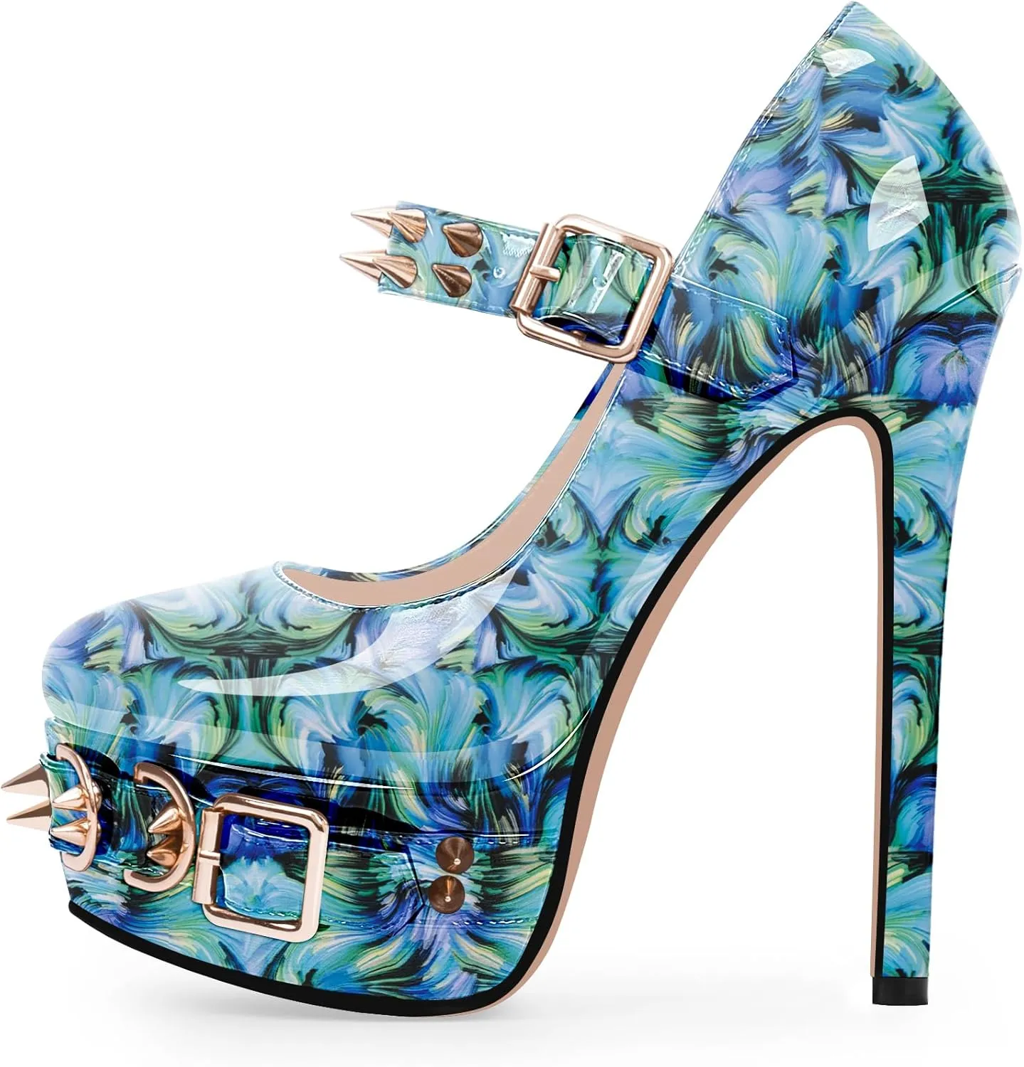 Women's Rivet Goth High Stiletto Heel Plafrom Mary Janes Pumps Rivet Buckle Strap Punk Shoes