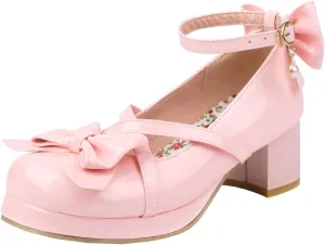 Womens Round Toe Ankle Strap Mary Janes Patent Platform High Heels Pumps Bow Kawaii Chunky Mid Heel Closed Toe Cute Goth Strappy Dress Shoes