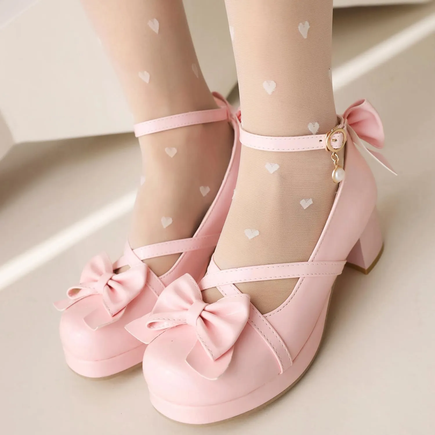 Womens Round Toe Ankle Strap Mary Janes Patent Platform High Heels Pumps Bow Kawaii Chunky Mid Heel Closed Toe Cute Goth Strappy Dress Shoes