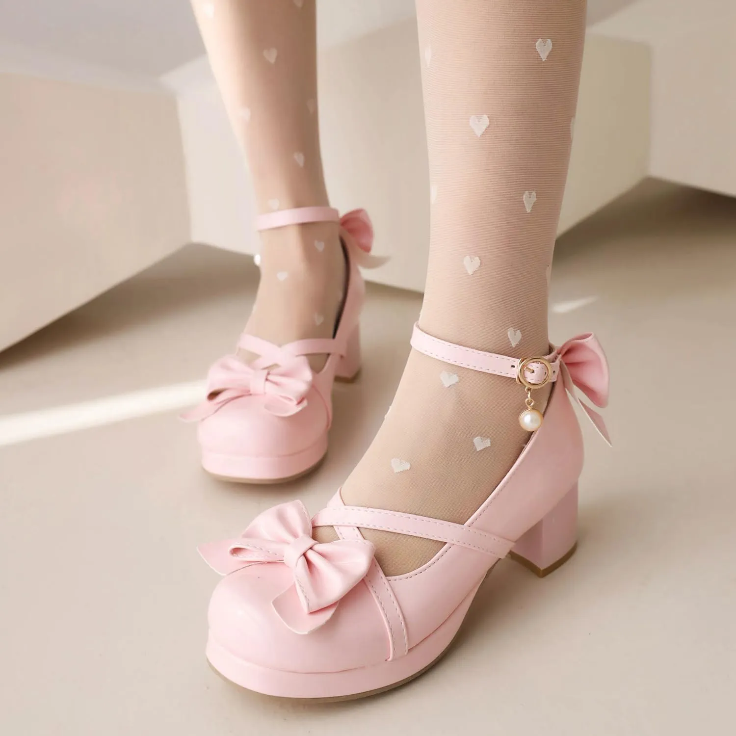 Womens Round Toe Ankle Strap Mary Janes Patent Platform High Heels Pumps Bow Kawaii Chunky Mid Heel Closed Toe Cute Goth Strappy Dress Shoes