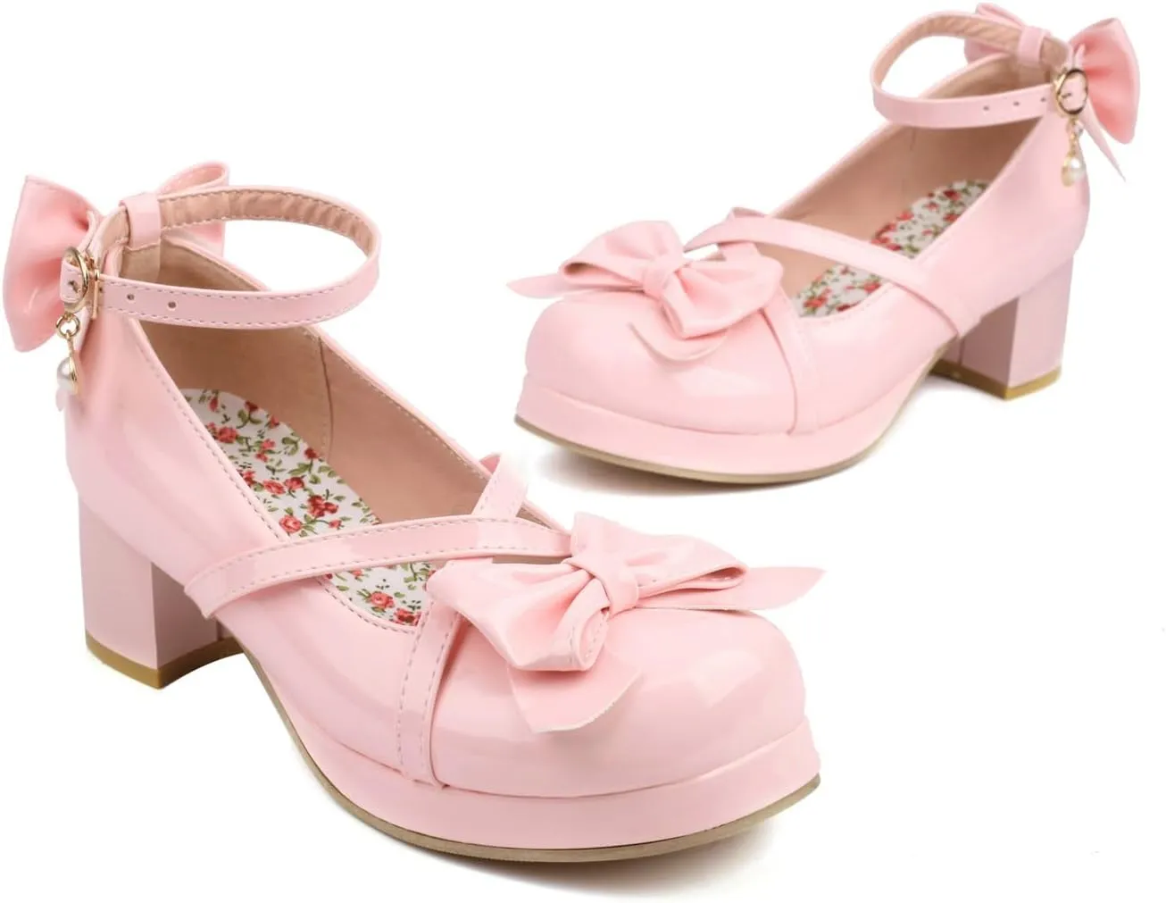 Womens Round Toe Ankle Strap Mary Janes Patent Platform High Heels Pumps Bow Kawaii Chunky Mid Heel Closed Toe Cute Goth Strappy Dress Shoes