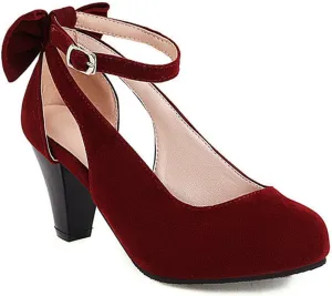 Women's Round Toe High Heels Ankle Strap Pumps Suede Cut Out Back Bow Wedding Party Dress Shoes