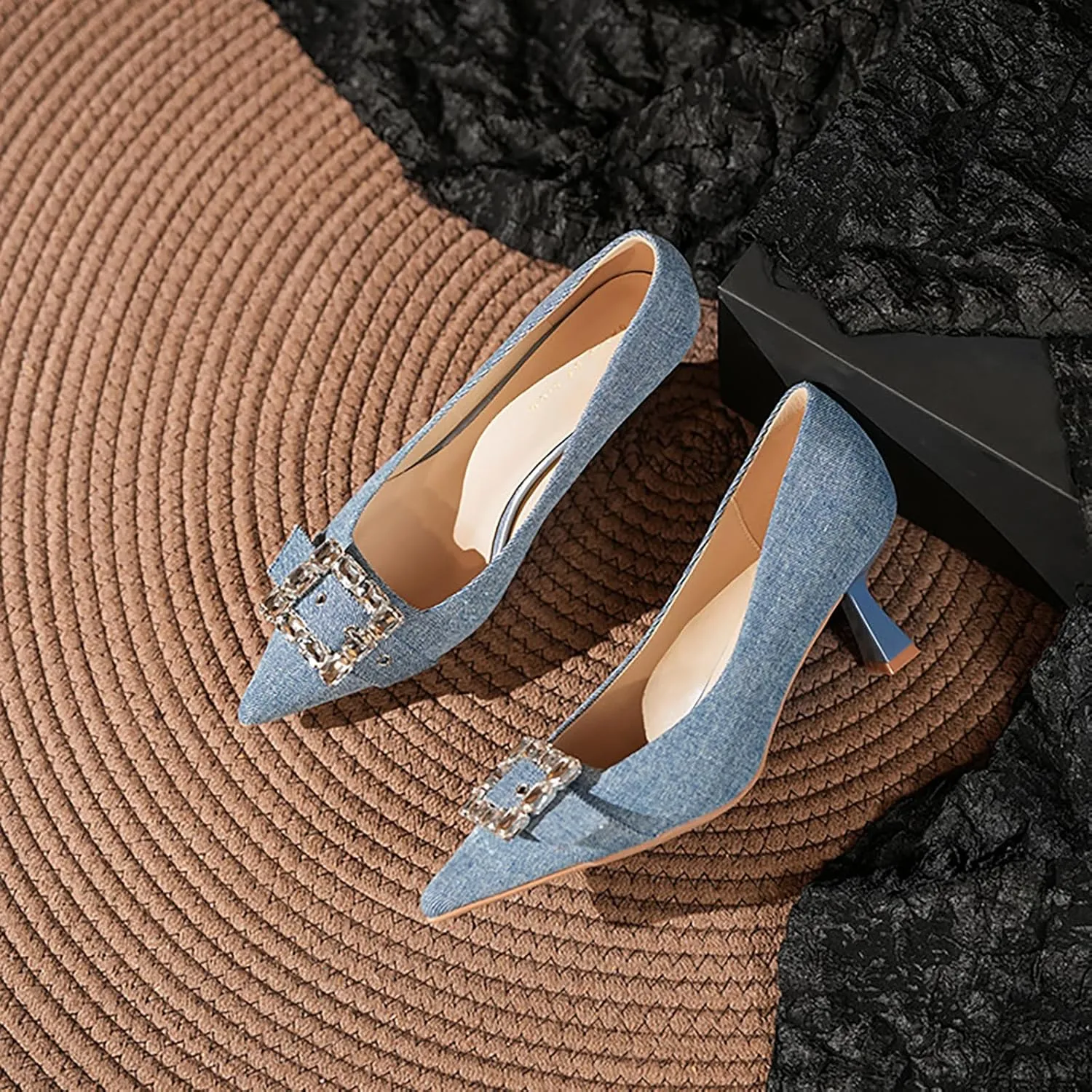 Women's Satin Buckle Rhinestone Pointed Stiletto Pumps Fashion Elegant Denim Crystal Glitter Slip-On Kitten Heel Dress Shoes for Ersatile Wedding Bridal Party