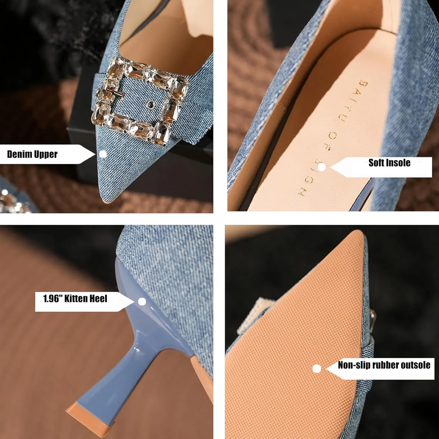 Women's Satin Buckle Rhinestone Pointed Stiletto Pumps Fashion Elegant Denim Crystal Glitter Slip-On Kitten Heel Dress Shoes for Ersatile Wedding Bridal Party