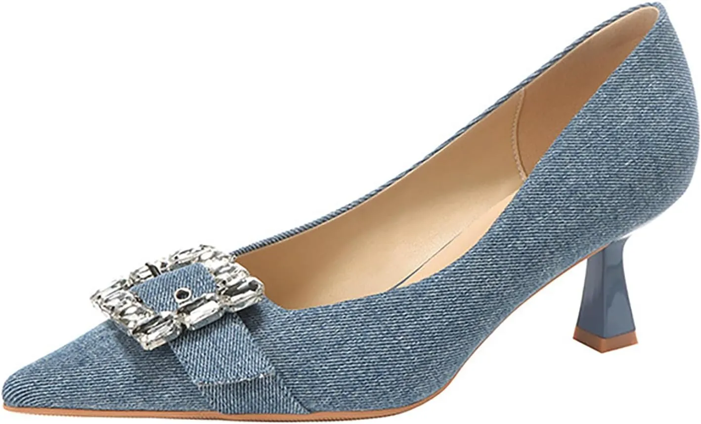 Women's Satin Buckle Rhinestone Pointed Stiletto Pumps Fashion Elegant Denim Crystal Glitter Slip-On Kitten Heel Dress Shoes for Ersatile Wedding Bridal Party