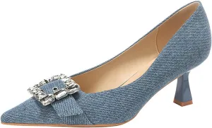 Women's Satin Buckle Rhinestone Pointed Stiletto Pumps Fashion Elegant Denim Crystal Glitter Slip-On Kitten Heel Dress Shoes for Ersatile Wedding Bridal Party