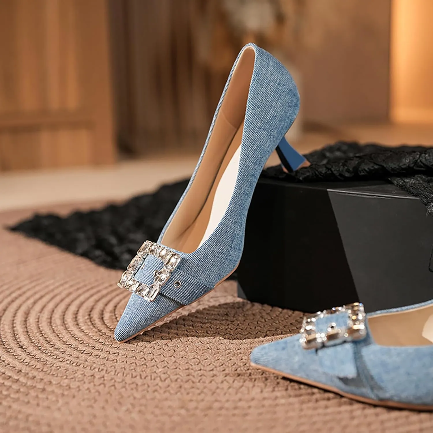 Women's Satin Buckle Rhinestone Pointed Stiletto Pumps Fashion Elegant Denim Crystal Glitter Slip-On Kitten Heel Dress Shoes for Ersatile Wedding Bridal Party