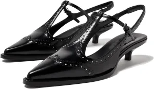 Women's Slingback Kitten Heel Pumps Embroidered Pointed Toe T-strap Sandals Low Heel Embroidered Oxford Dress Shoes For Wedding Party