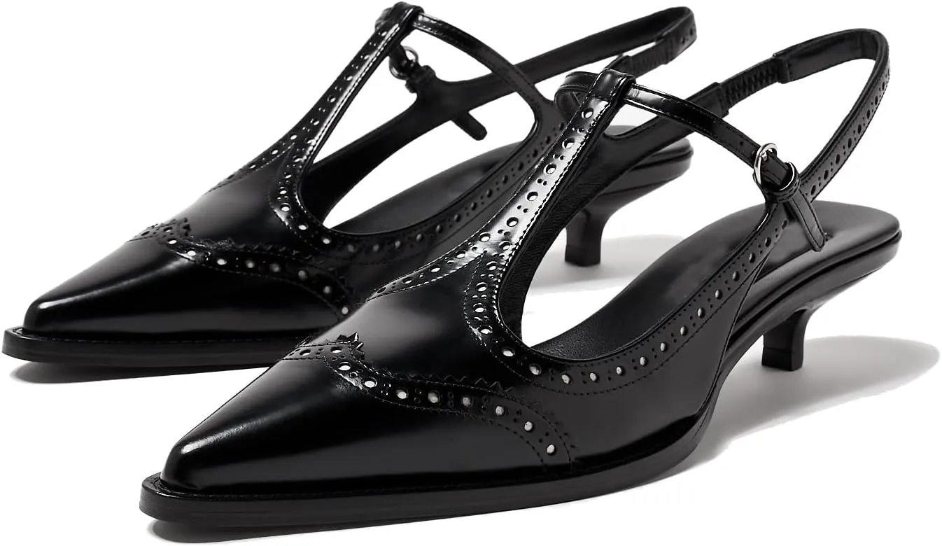 Women's Slingback Kitten Heel Pumps Embroidered Pointed Toe T-strap Sandals Low Heel Embroidered Oxford Dress Shoes For Wedding Party