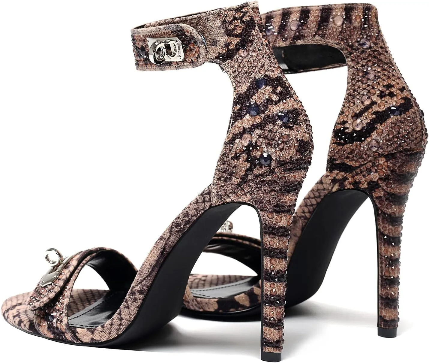 Women's Snake Print Rhinestone Ankle Strap Stiletto Sandals Open Toe & Turn Lock Party/Wedding/Nightclub Shoes