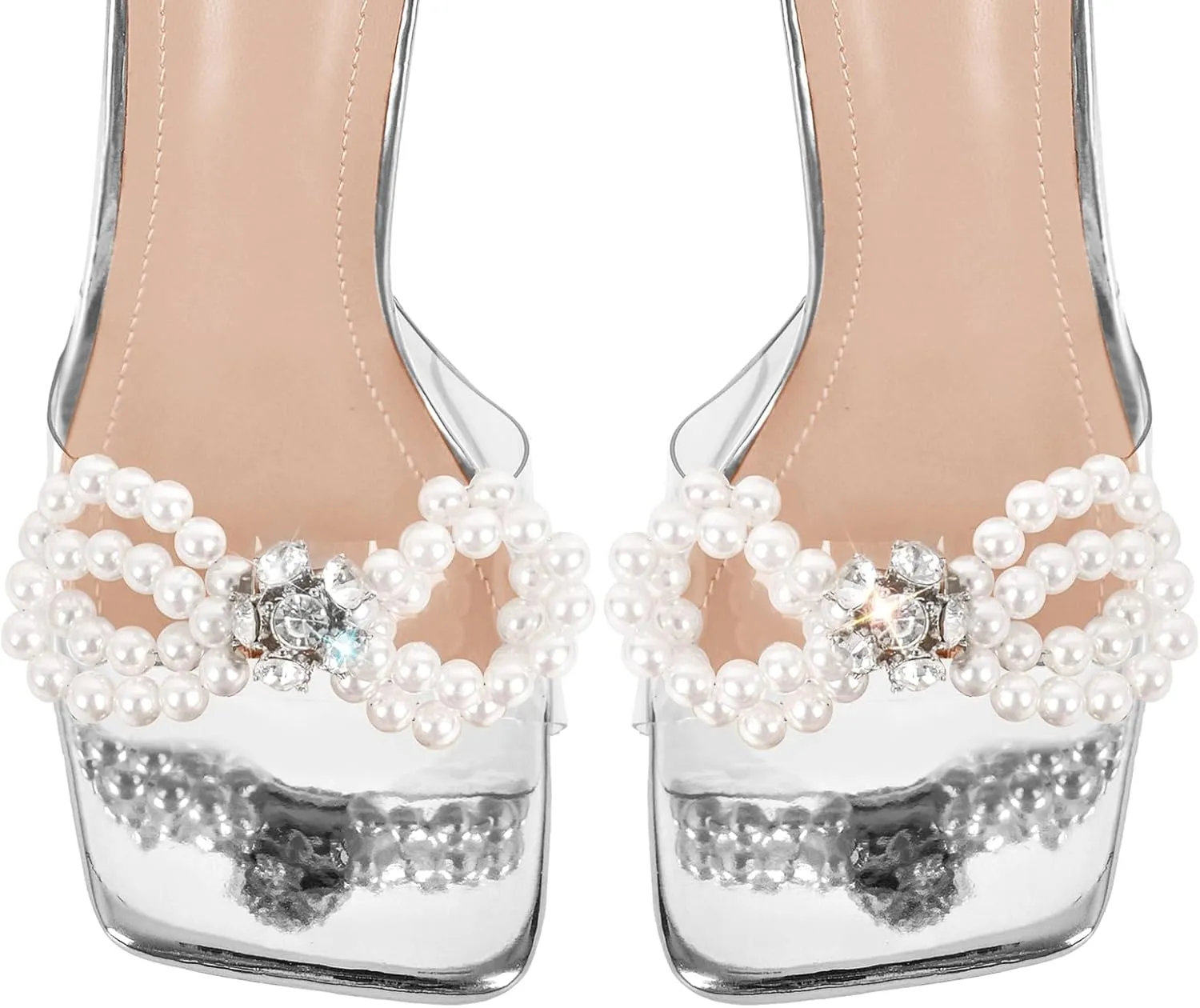 Women's Square Toe Clear Heels Sexy Rhinestone Bow Heels Open Toe Ankle Strap Stiletto High Heel Sandals
