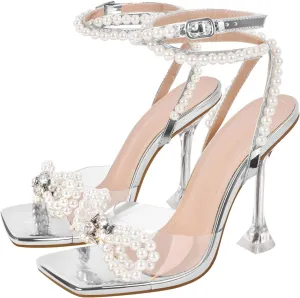 Women's Square Toe Clear Heels Sexy Rhinestone Bow Heels Open Toe Ankle Strap Stiletto High Heel Sandals