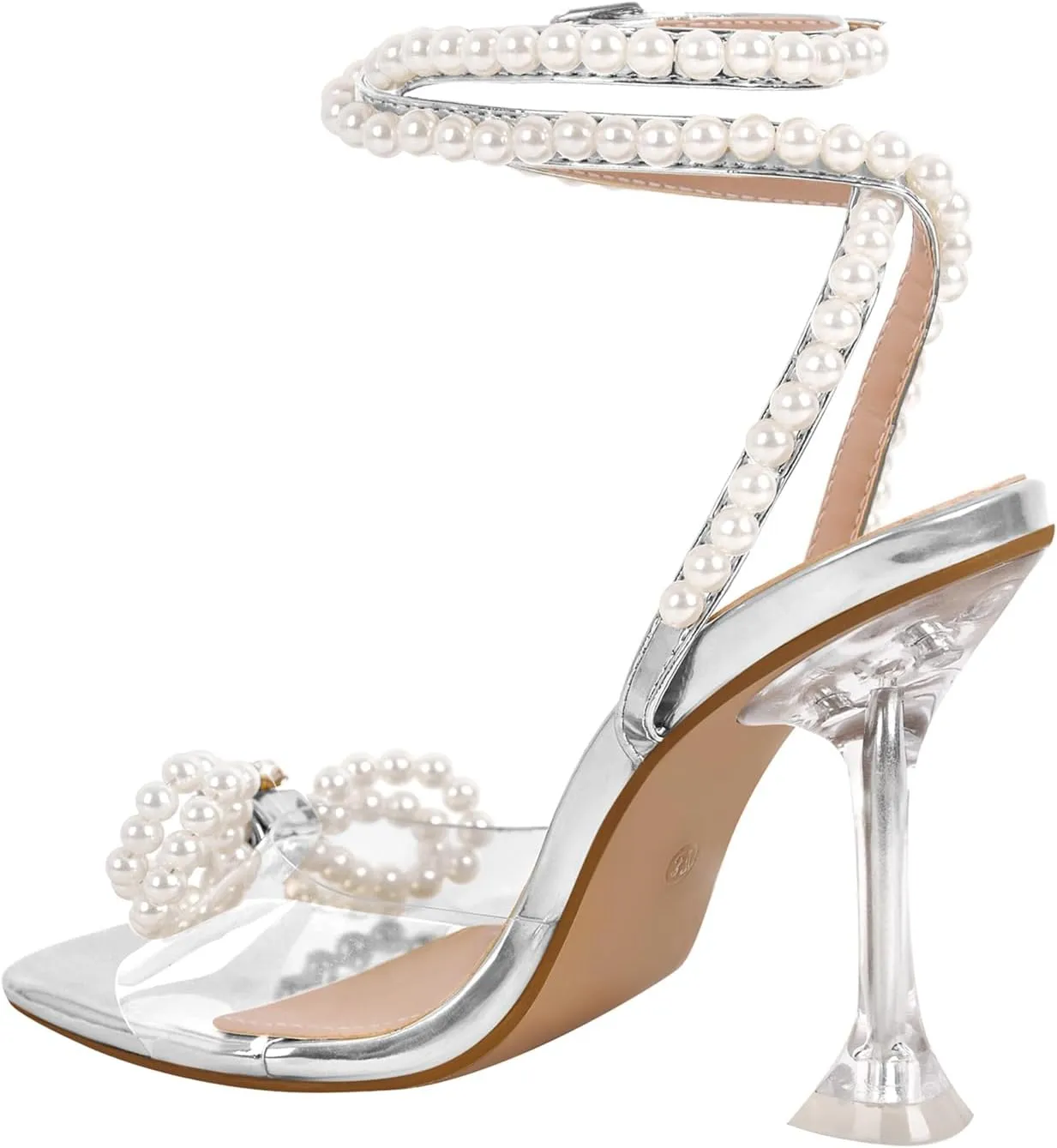 Women's Square Toe Clear Heels Sexy Rhinestone Bow Heels Open Toe Ankle Strap Stiletto High Heel Sandals