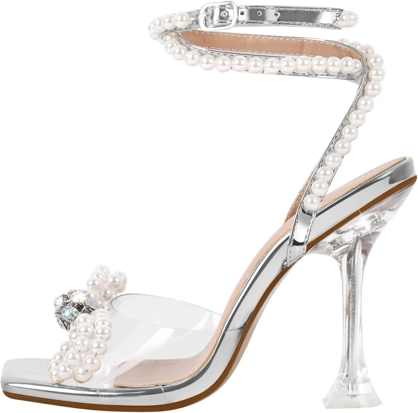 Women's Square Toe Clear Heels Sexy Rhinestone Bow Heels Open Toe Ankle Strap Stiletto High Heel Sandals
