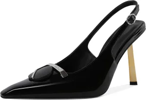 Women's Square Toe Slingback Pumps Stilettos High Heel Metal Buckle Shoes Evening 4 Inch Dress Shoes