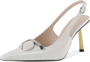 Women's Square Toe Slingback Pumps Stilettos High Heel Metal Buckle Shoes Evening 4 Inch Dress Shoes