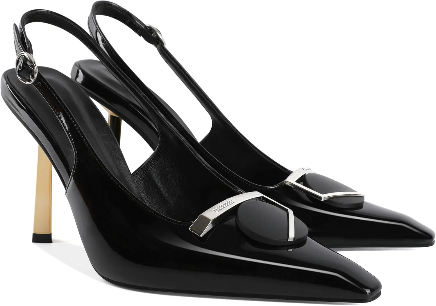 Women's Square Toe Slingback Pumps Stilettos High Heel Metal Buckle Shoes Evening 4 Inch Dress Shoes