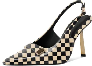 Women's Square Toe Slingback Pumps Stilettos High Heel Metal Buckle Shoes Evening 4 Inch Dress Shoes