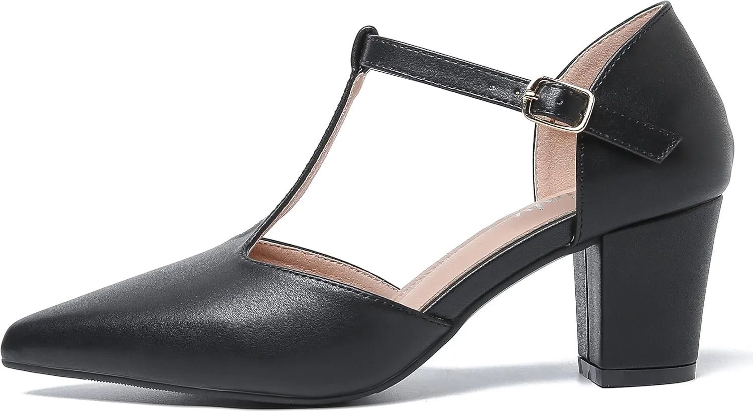 Womens T Strap Mary Jane Shoes Chunky Block Heel Pointed Toe Ankle Strap Buckle Dress Pumps