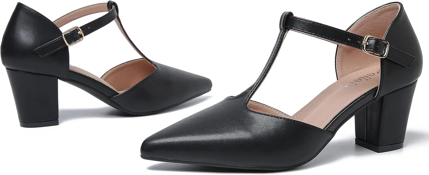 Womens T Strap Mary Jane Shoes Chunky Block Heel Pointed Toe Ankle Strap Buckle Dress Pumps