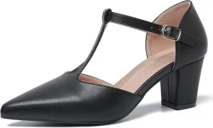 Womens T Strap Mary Jane Shoes Chunky Block Heel Pointed Toe Ankle Strap Buckle Dress Pumps