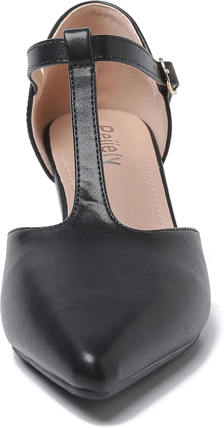 Womens T Strap Mary Jane Shoes Chunky Block Heel Pointed Toe Ankle Strap Buckle Dress Pumps