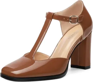 Womens T Strap Mary Janes Pumps, Square Toe Block High Heel Ankle Strap Shoes for Women