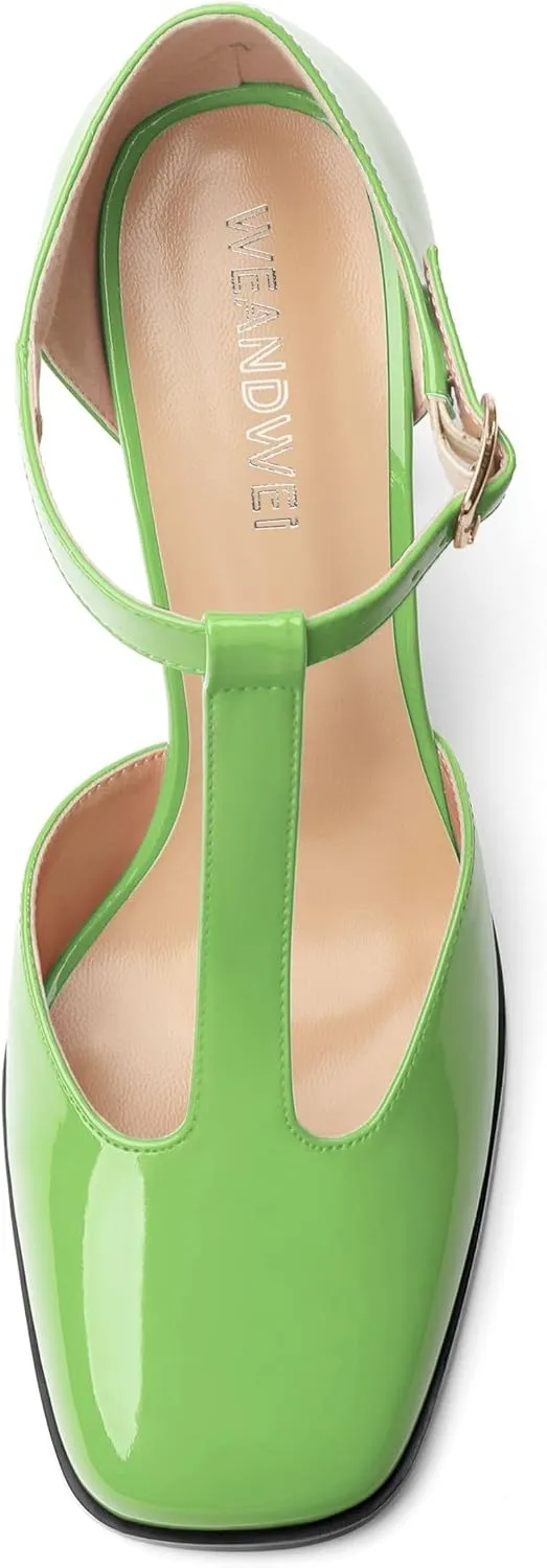 Womens T Strap Mary Janes Pumps, Square Toe Block High Heel Ankle Strap Shoes for Women