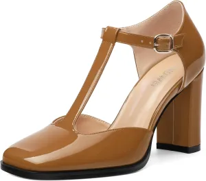Womens T Strap Mary Janes Pumps, Square Toe Block High Heel Ankle Strap Shoes for Women
